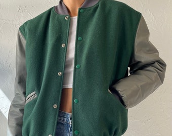 Vintage 80s 'Chevron' Green Wool Leather Bomber Jacket / Medium