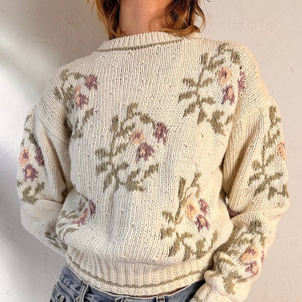 90s 'Liz Sport' Floral Knit Pullover Sweater / Medium