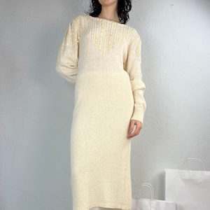 90s 'Raoul' Cream Knit Sequin Long Sleeve Sweater Dress / Small image 1