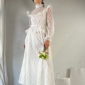 60s 70s Union Made Lace Wedding Dress / Small