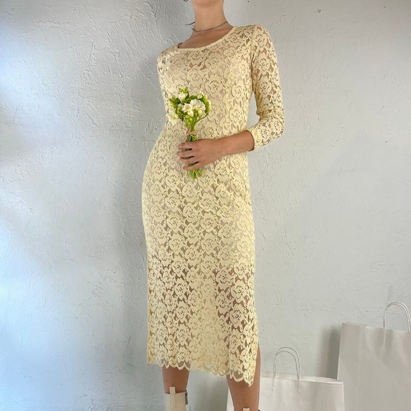 90s Cream Lace Long Sleeve Wedding Midi Dress / Small