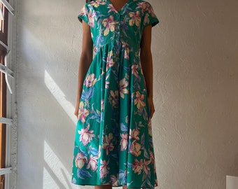90s 'Carol Anderson' Blue Floral Cotton Midi Dress / Small