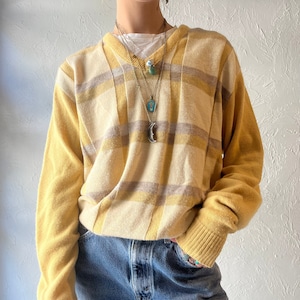 70s &#39;Mark Scot&#39; Yellow Acrylic Knit V Neck Sweater / Union Made / Large