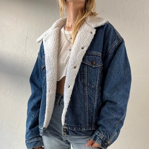 90s 'Levis' Denim Faux Shearling Lined Bomber Jacket / Made in USA / Medium