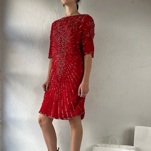 90s &#39;Styleworks&#39; Red Beaded Silk Dress / Large