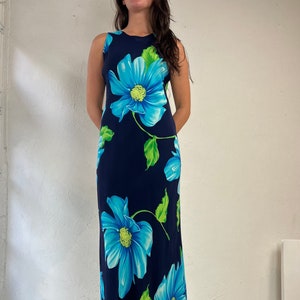 90s &#39;Breakin Love&#39; Sleeveless Blue Floral Dress / Small