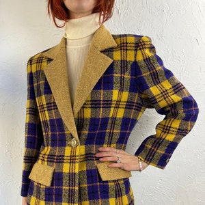 Yellow plaid blazer womens top