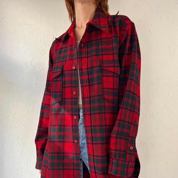 90s 'Pendleton' Classic Red Plaid Wool Button Up Shirt / Large