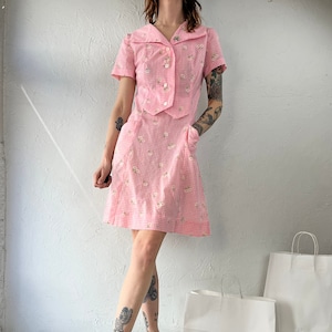 70er Jahre Handmade Pink Gingham Kragen Mini Kleid / Small