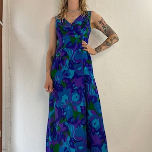 70s Handmade Purple Retro Print Wide Leg Jumpsuit / Small
