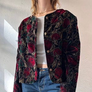 90s 'Alia' Velvet Floral Print Jacket / Large