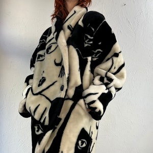 80s 'Donny Brook' Faux Fur Art Deco Picasso Black and White Faces Coat / One Size image 1