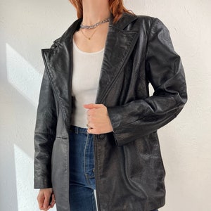 Y2K &#39;Express&#39; Black Leather Blazer Jacket / Medium