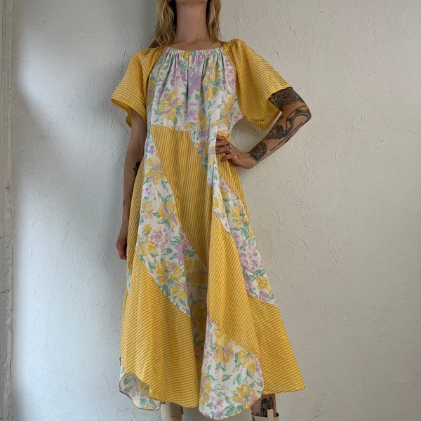 90s Handmade Yellow Gingham Maxi Dress / Medium