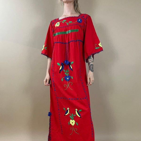 Vintage Red Cotton Mexican Embroidered Mumu Dress / Small