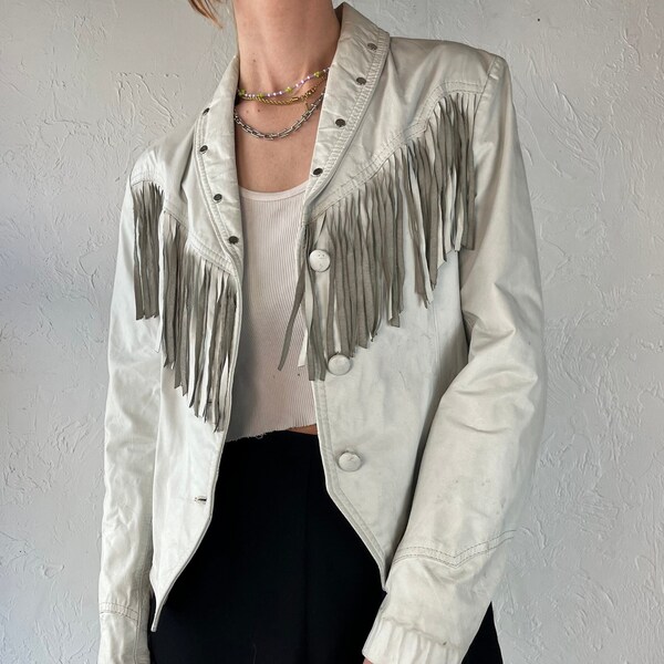 80s 90s 'Ocean West' White Fringe Leather Jacket / Small