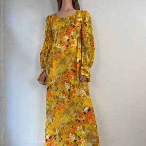 70s Orange Floral Print Long Sleeve Peasant Dress / Small