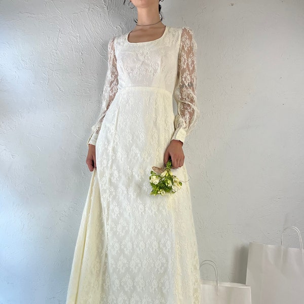 80s Handmade Lace Sleeve Off White Wedding Dress / Small
