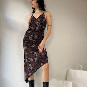 Y2k &#39; Le Chateau&#39; Burgundy Floral Halter Midi Dress / Large