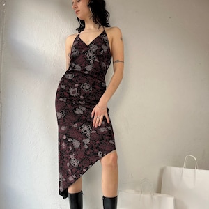 Y2k ' Le Chateau' Burgundy Floral Halter Midi Dress / Large image 1