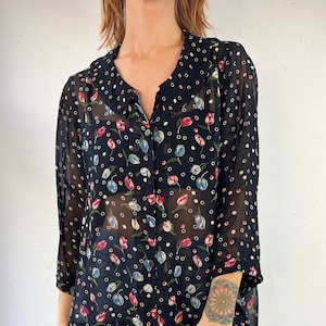 90s &#39;April Cornell&#39; Black Sheer Rayon Blouse / Medium
