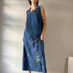 90s 'Studio Ease' Embroidered Denim Maxi Dress / Large