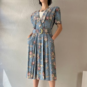 80s &#39;SL Petites&#39; Blue Floral Print Collared Dress / Medium