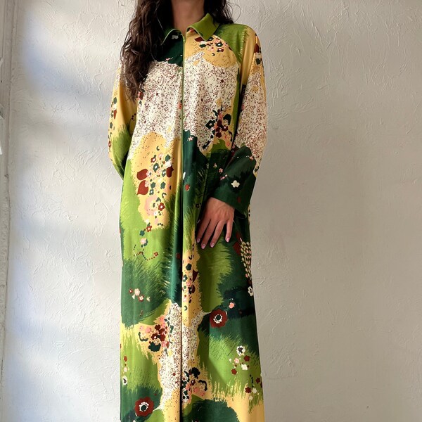 70s 'Conrad' Green Floral Print Mumu Kaftan Dress / Medium