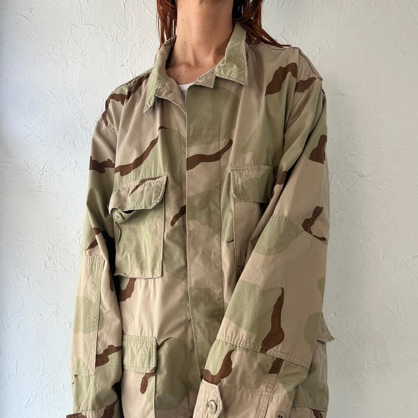 Vintage Authentic Army Beige Camo Cotton Jacket / Large