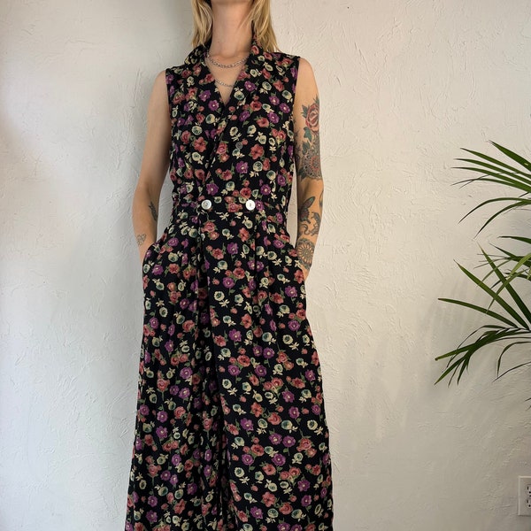 90s 'Robbie Bee' Black Collared Floral Print Rayon Dress / Medium