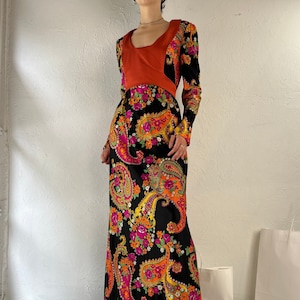 1970s Handmade Retro Floral Print Long Sleeve Maxi Dress / Medium