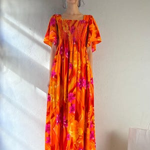 70s Neon Floral Print Hippie Maxi Dress / Small