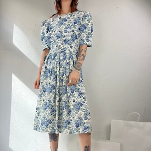 80s &#39; S.L Fashions&#39; Blue Floral Crew Neck Day Dress
