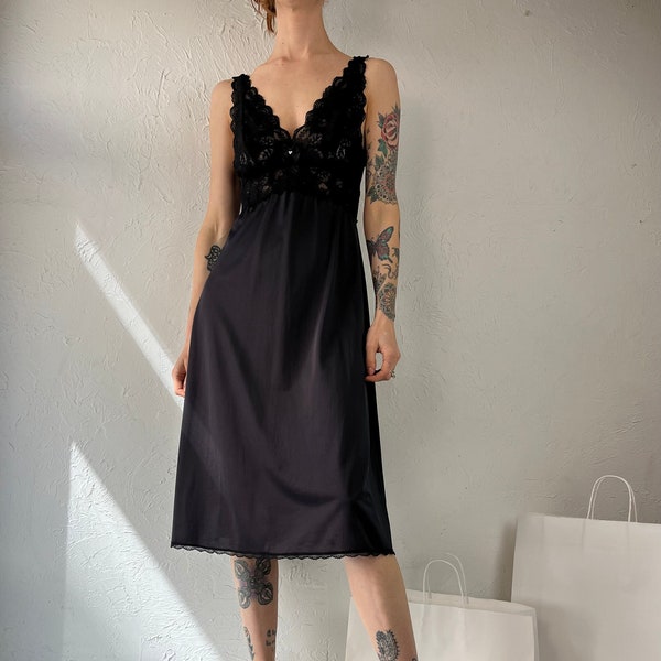 80s 'Shadowline' Black Lacey Slip Dress / Small