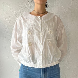 Y2K White Cotton Long Sleeve Blouse / Small
