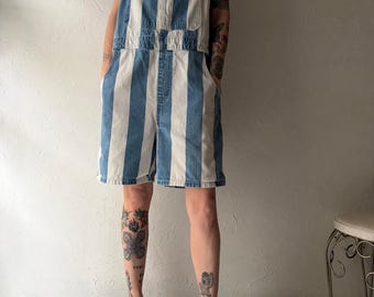 Y2k ‘Silver Tab’ Striped Denim Overall Shorts / Large