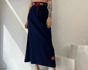 70s Navy Blue Wool Maxi Skirt w/ Embroidered Lace Up Belt / XS