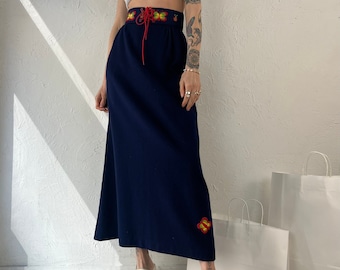 70s Navy Blue Wool Maxi Skirt w/ Embroidered Lace Up Belt / XS