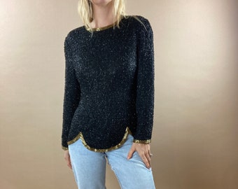 80s Black and Gold Sequin Beaded Long Sleeve Formal Top / Small