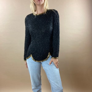 80s Black and Gold Sequin Beaded Long Sleeve Formal Top / Small