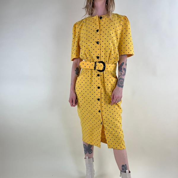 Robes crayon à pois jaunes 'Algo' des années 80 / Medium