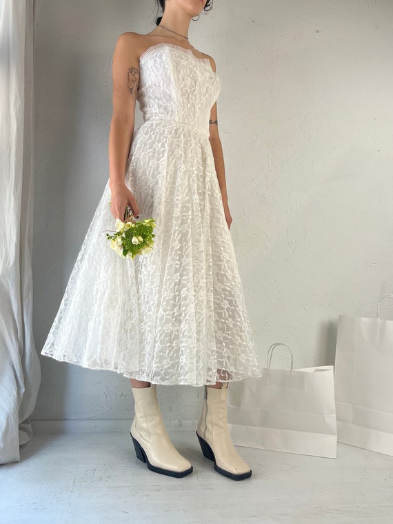 80s Handmade White Lace Strapless Wedding Dress /… - image 2