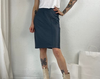 90s 'Ocean West' Blue Leather Pencil Skirt / Small