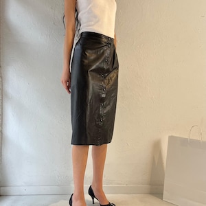 90s Black Leather Pencil Skirt / Small