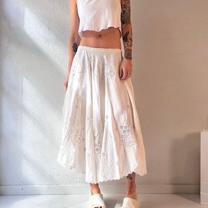 Vintage Handmade White Eyelet Midi Skirt / Medium