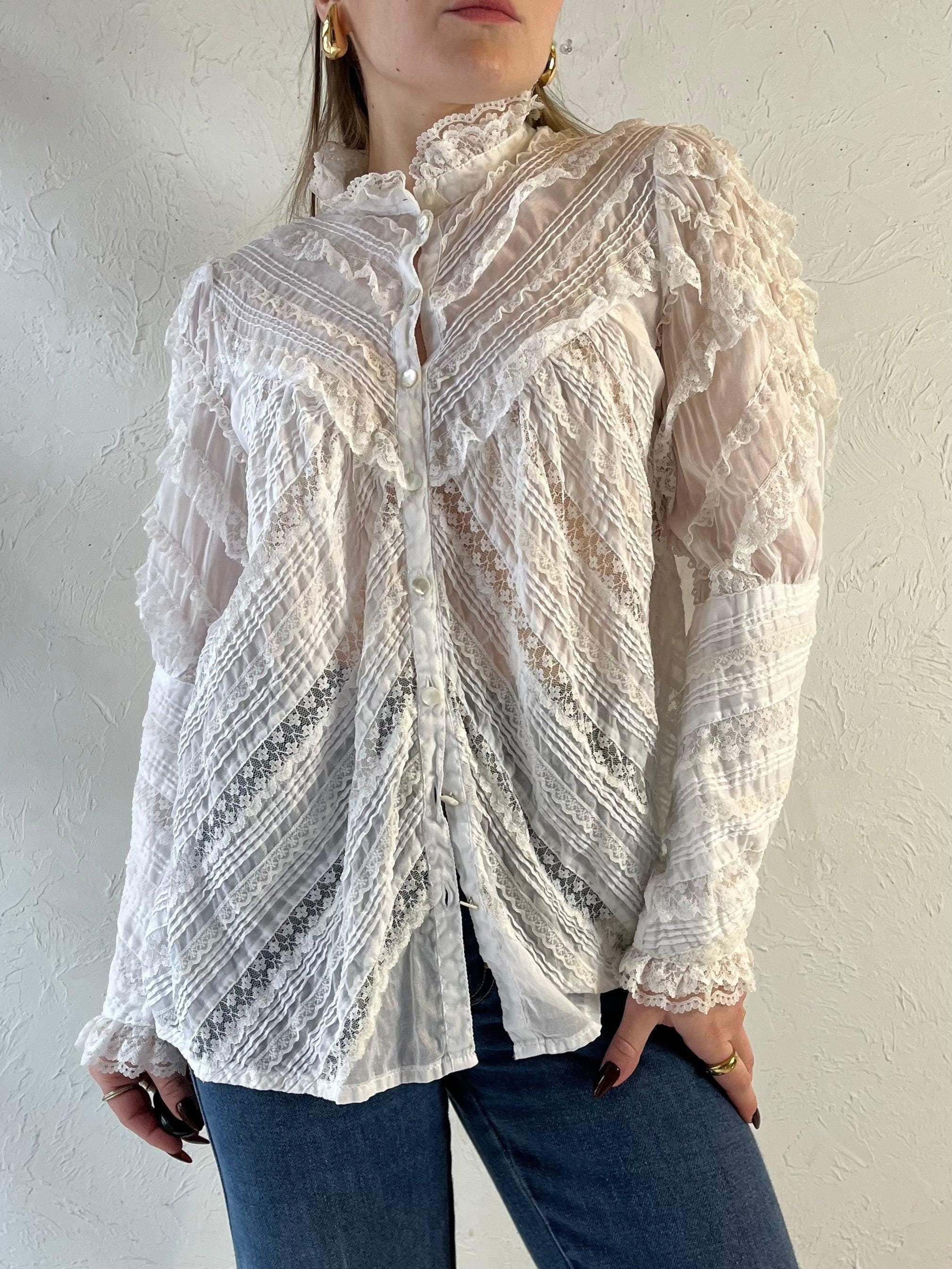 トップス vintage white lace high neck blouse Vintage 70s White Lace High Neck Blouse With Floral Lace