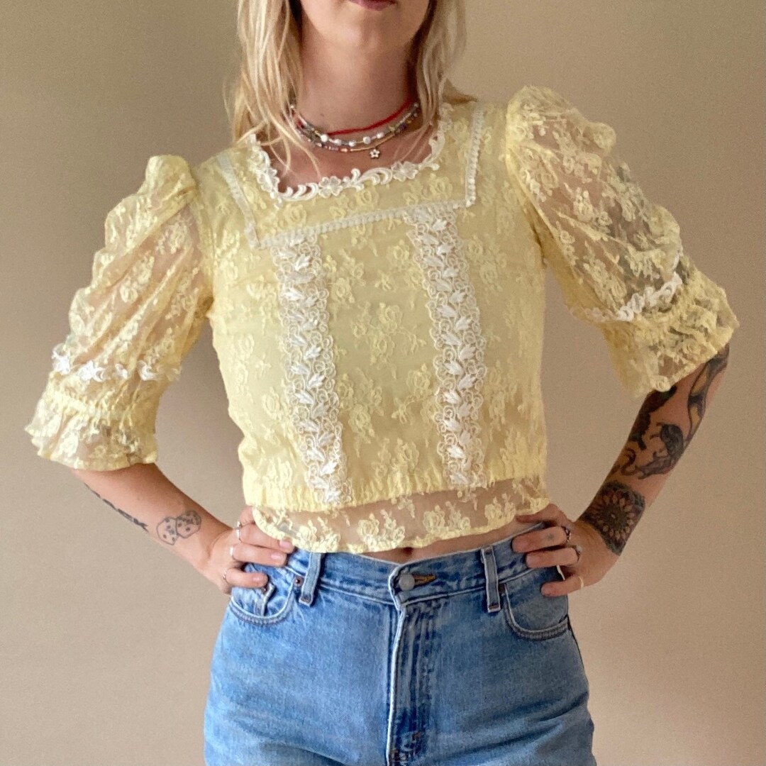 Vintage 60s Handmade Hippie Yellow Lace Crop Top 1 1960s Gypsy