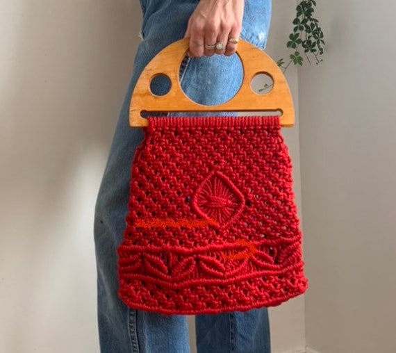 70s Red Crochet Macrame Bag