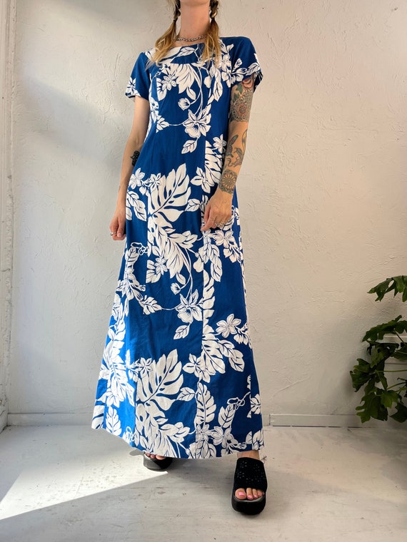 90s Blue Hawaiian Tropical Print Maxi Dress Small Etsy