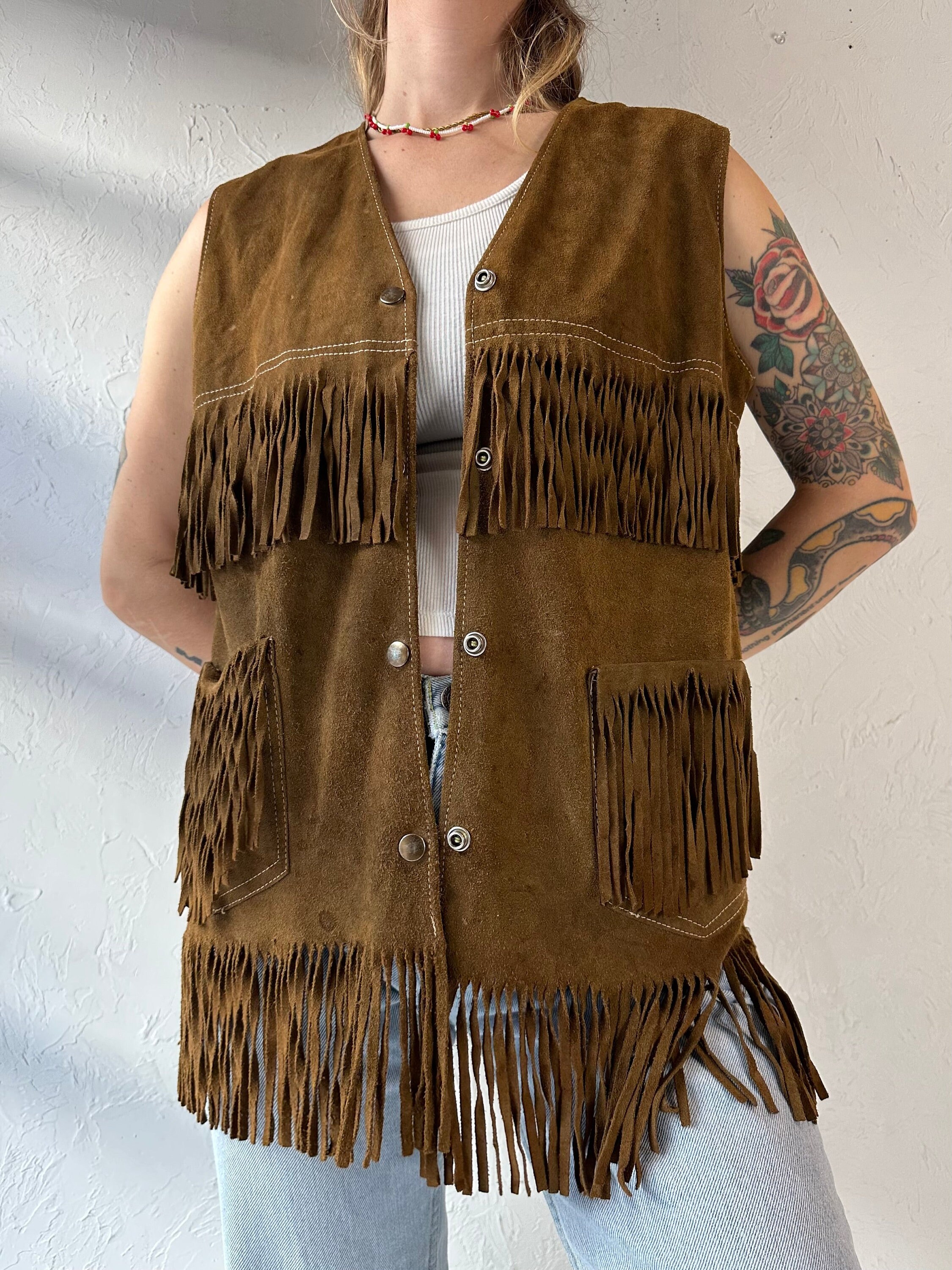Vintage Suede Leather Western Fringe Vest / Medium - Etsy